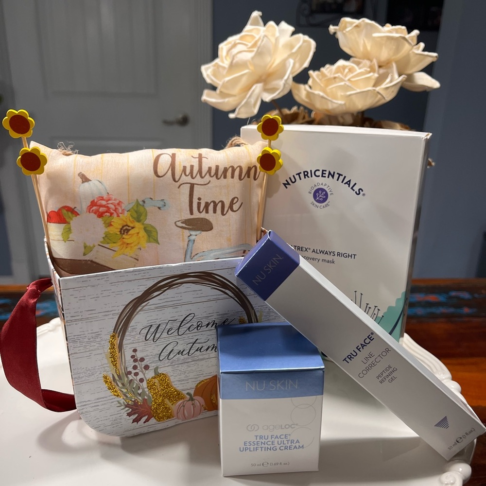 NuSkin Uplifting Cream- Line Corrector- 5 Nutricentials Mask- Gift Box & Pillow.